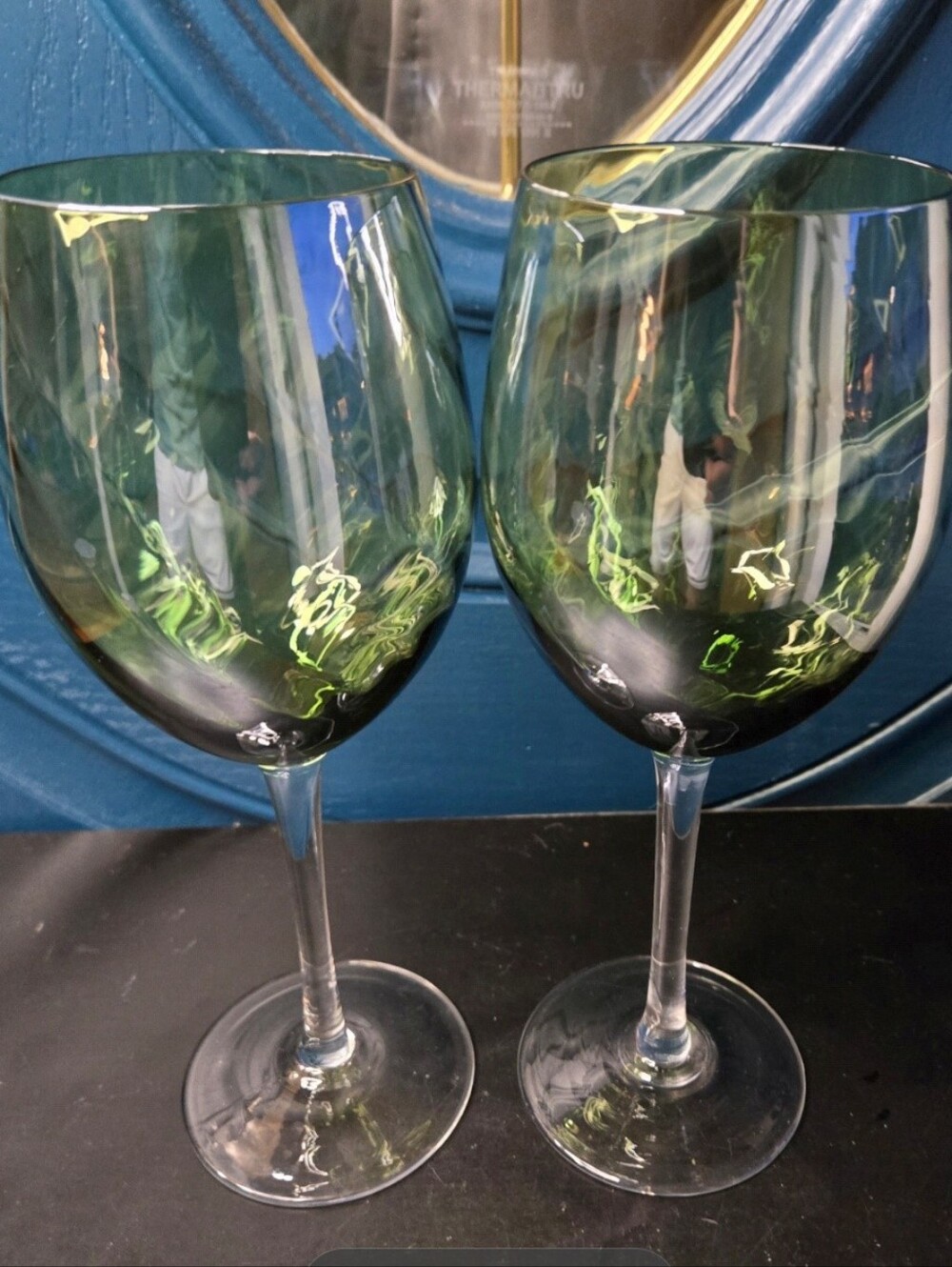 Vintage Pair of 2 Iridescent Olive Green Optic Ribbed Large 9.5" Wine Glasses